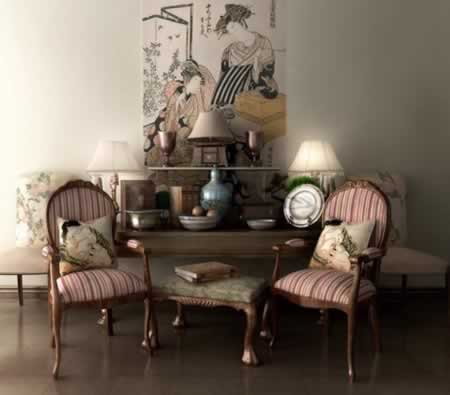 Zidovi boje slonovače ili bež boje odlični su kao podloga tamno smeđem namještaju i tamnosmeđim i crnim figurama, koje simboliziraju Daleki istok